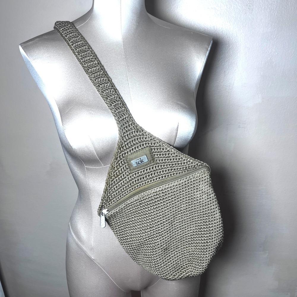 The Sak Crochet Sling Bag Taupe Brown Knit Crossbody Teardrop Bag 1689 Boho